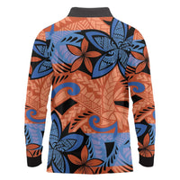 Plumeria Polynesian Pattern Long Sleeve Polo Shirt Unique Fantasy Orange Blue