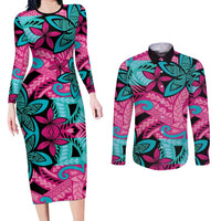 Plumeria Polynesian Pattern Couples Matching Long Sleeve Bodycon Dress and Long Sleeve Button Shirt Unique Fantasy Pink Teal