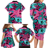 Plumeria Polynesian Pattern Family Matching Long Sleeve Bodycon Dress and Hawaiian Shirt Unique Fantasy Pink Teal LT01 - Polynesian Pride