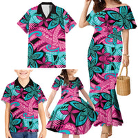 Plumeria Polynesian Pattern Family Matching Mermaid Dress and Hawaiian Shirt Unique Fantasy Pink Teal LT01 - Polynesian Pride
