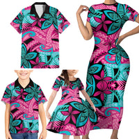 Plumeria Polynesian Pattern Family Matching Short Sleeve Bodycon Dress and Hawaiian Shirt Unique Fantasy Pink Teal LT01 - Polynesian Pride