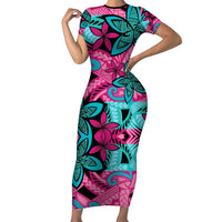 Plumeria Polynesian Pattern Family Matching Short Sleeve Bodycon Dress and Hawaiian Shirt Unique Fantasy Pink Teal LT01 Mom's Dress Pink - Polynesian Pride
