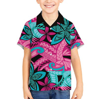 Plumeria Polynesian Pattern Family Matching Short Sleeve Bodycon Dress and Hawaiian Shirt Unique Fantasy Pink Teal LT01 Son's Shirt Pink - Polynesian Pride