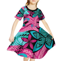 Plumeria Polynesian Pattern Kid Short Sleeve Dress Unique Fantasy Pink Teal