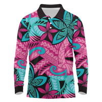 Plumeria Polynesian Pattern Long Sleeve Polo Shirt Unique Fantasy Pink Teal