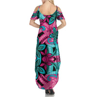 Plumeria Polynesian Pattern Summer Maxi Dress Unique Fantasy Pink Teal LT01 - Polynesian Pride