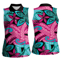 Plumeria Polynesian Pattern Women Sleeveless Polo Shirt Unique Fantasy Pink Teal