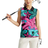 Plumeria Polynesian Pattern Women Sleeveless Polo Shirt Unique Fantasy Pink Teal