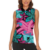 Plumeria Polynesian Pattern Women Sleeveless Polo Shirt Unique Fantasy Pink Teal