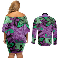 Plumeria Polynesian Pattern Couples Matching Off Shoulder Short Dress and Long Sleeve Button Shirt Unique Fantasy Purple Green
