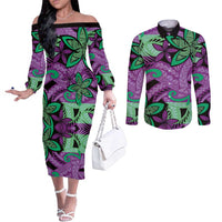 Plumeria Polynesian Pattern Couples Matching Off The Shoulder Long Sleeve Dress and Long Sleeve Button Shirt Unique Fantasy Purple Green