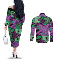 Plumeria Polynesian Pattern Couples Matching Off The Shoulder Long Sleeve Dress and Long Sleeve Button Shirt Unique Fantasy Purple Green