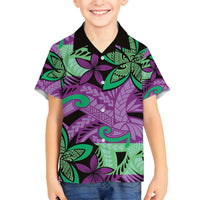 Plumeria Polynesian Pattern Family Matching Long Sleeve Bodycon Dress and Hawaiian Shirt Unique Fantasy Purple Green LT01 Son's Shirt Purple - Polynesian Pride