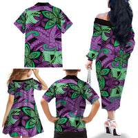 Plumeria Polynesian Pattern Family Matching Off The Shoulder Long Sleeve Dress and Hawaiian Shirt Unique Fantasy Purple Green LT01 - Polynesian Pride