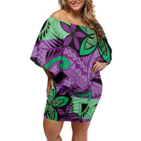 Plumeria Polynesian Pattern Family Matching Off Shoulder Short Dress and Hawaiian Shirt Unique Fantasy Purple Green LT01 Mom's Dress Purple - Polynesian Pride