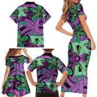 Plumeria Polynesian Pattern Family Matching Short Sleeve Bodycon Dress and Hawaiian Shirt Unique Fantasy Purple Green LT01 - Polynesian Pride