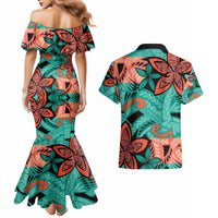 Plumeria Polynesian Pattern Couples Matching Mermaid Dress and Hawaiian Shirt Unique Fantasy Teal Orange