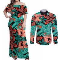 Plumeria Polynesian Pattern Couples Matching Off Shoulder Maxi Dress and Long Sleeve Button Shirt Unique Fantasy Teal Orange
