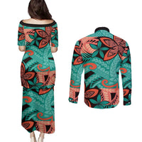 Plumeria Polynesian Pattern Couples Matching Puletasi and Long Sleeve Button Shirt Unique Fantasy Teal Orange
