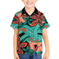 Plumeria Polynesian Pattern Family Matching Short Sleeve Bodycon Dress and Hawaiian Shirt Unique Fantasy Teal Orange LT01 Son's Shirt Teal - Polynesian Pride