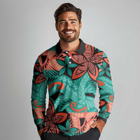 Plumeria Polynesian Pattern Long Sleeve Polo Shirt Unique Fantasy Teal Orange