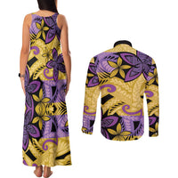 Plumeria Polynesian Pattern Couples Matching Tank Maxi Dress and Long Sleeve Button Shirt Unique Fantasy Yellow Purple