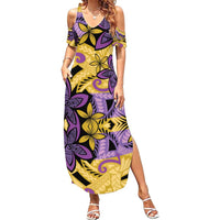 Plumeria Polynesian Pattern Family Matching Summer Maxi Dress and Hawaiian Shirt Unique Fantasy Yellow Purple LT01 Mom's Dress Yellow - Polynesian Pride