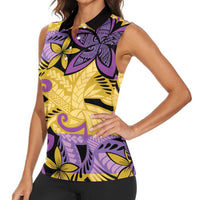 Plumeria Polynesian Pattern Women Sleeveless Polo Shirt Unique Fantasy Yellow Purple