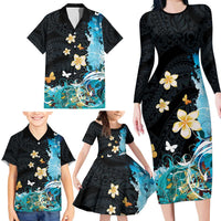 Blue Grunge Polynesian Pattern Family Matching Long Sleeve Bodycon Dress and Hawaiian Shirt Plumeria Floral LT01 - Polynesian Pride