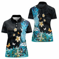 Blue Grunge Polynesian Pattern Women Polo Shirt Plumeria Floral LT01 - Polynesian Pride