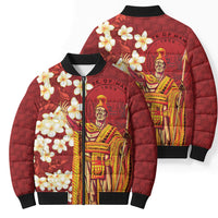 Hawaii King Kamehameha Bomber Puffer Jacket Plumeria Lauhala Pattern