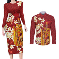 Hawaii King Kamehameha Couples Matching Long Sleeve Bodycon Dress and Long Sleeve Button Shirt Plumeria Lauhala Pattern