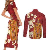 Hawaii King Kamehameha Couples Matching Short Sleeve Bodycon Dress and Long Sleeve Button Shirt Plumeria Lauhala Pattern