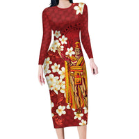 Hawaii King Kamehameha Family Matching Long Sleeve Bodycon Dress and Hawaiian Shirt Plumeria Lauhala Pattern LT01 Mom's Dress Red - Polynesian Pride
