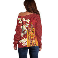 Hawaii King Kamehameha Off Shoulder Sweater Plumeria Lauhala Pattern