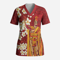 Hawaii King Kamehameha Scrub Top Plumeria Lauhala Pattern