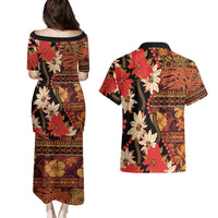 Hawaii Christmas Poinsettia Lei Couples Matching Puletasi and Hawaiian Shirt Tapa Pattern - Polynesian Pride