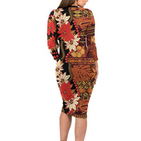 Hawaii Christmas Poinsettia Lei Family Matching Long Sleeve Bodycon Dress and Hawaiian Shirt Tapa Pattern LT01 - Polynesian Pride