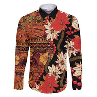Hawaii Christmas Poinsettia Lei Family Matching Off The Shoulder Long Sleeve Dress and Hawaiian Shirt Tapa Pattern LT01 Dad's Shirt - Long Sleeve Brown - Polynesian Pride