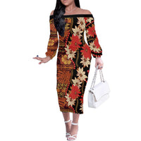 Hawaii Christmas Poinsettia Lei Family Matching Off The Shoulder Long Sleeve Dress and Hawaiian Shirt Tapa Pattern LT01 Mom's Dress Brown - Polynesian Pride