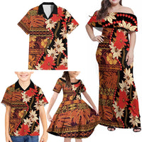 Hawaii Christmas Poinsettia Lei Family Matching Off Shoulder Maxi Dress and Hawaiian Shirt Tapa Pattern LT01 - Polynesian Pride