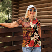 Hawaii Christmas Poinsettia Lei Women Polo Shirt Tapa Pattern - Polynesian Pride