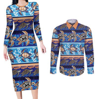 Hawaii Turtles Pattern Special Blue Couples Matching Long Sleeve Bodycon Dress and Long Sleeve Button Shirt LT01 Blue - Polynesian Pride