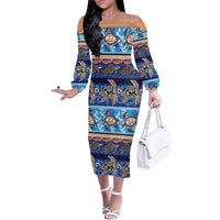 Hawaii Turtles Pattern Special Blue Family Matching Off The Shoulder Long Sleeve Dress and Hawaiian Shirt - Polynesian Pride