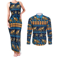 Hawaii Turtles Starfish Unique Pattern Couples Matching Tank Maxi Dress and Long Sleeve Button Shirt LT01 Blue - Polynesian Pride