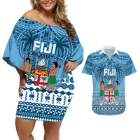 Fiji Rugby Couples Matching Off Shoulder Short Dress and Hawaiian Shirt Fijian Go 2023 World Cup LT01 Blue - Polynesian Pride