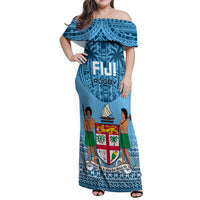Fiji Rugby Family Matching Off Shoulder Maxi Dress and Hawaiian Shirt Fijian Go 2023 World Cup LT01 Mom's Dress Blue - Polynesian Pride