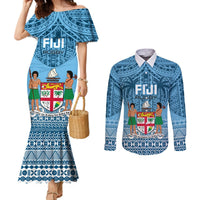 Custom Fiji Rugby Couples Matching Mermaid Dress and Long Sleeve Button Shirts Fijian Go 2023 World Cup LT01 Blue - Polynesian Pride