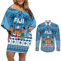 Custom Fiji Rugby Couples Matching Off Shoulder Short Dress and Long Sleeve Button Shirts Fijian Go 2023 World Cup LT01 Blue - Polynesian Pride