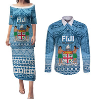 Custom Fiji Rugby Couples Matching Puletasi Dress and Long Sleeve Button Shirts Fijian Go 2023 World Cup LT01 Blue - Polynesian Pride